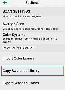 The app Settings menu highlights the "Copy Swatch to Library" tab