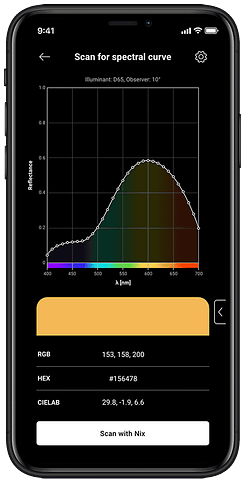 A phone displays a spectral curve from scanning a sample with a Nix Spectro.