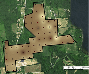 A GIS layout showing the scanned locations and interpolated L* (darkness to lightness) soil color values using Inverse Distance Weighting for the Willsboro Farm.