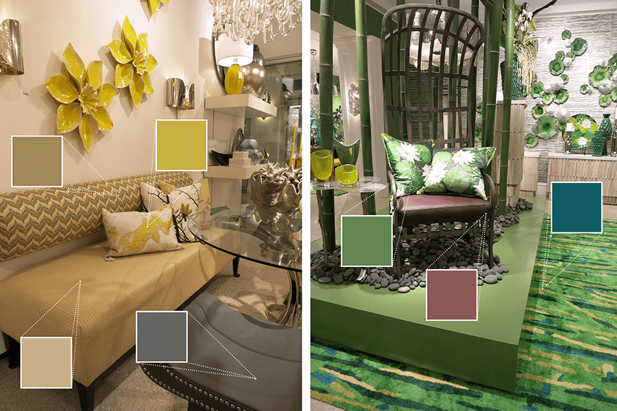 Global Views organized their rooms by color. To the left is a room featuring calming yellows and warm greys. To the right is a bright green room, using a playful and earthy design. 