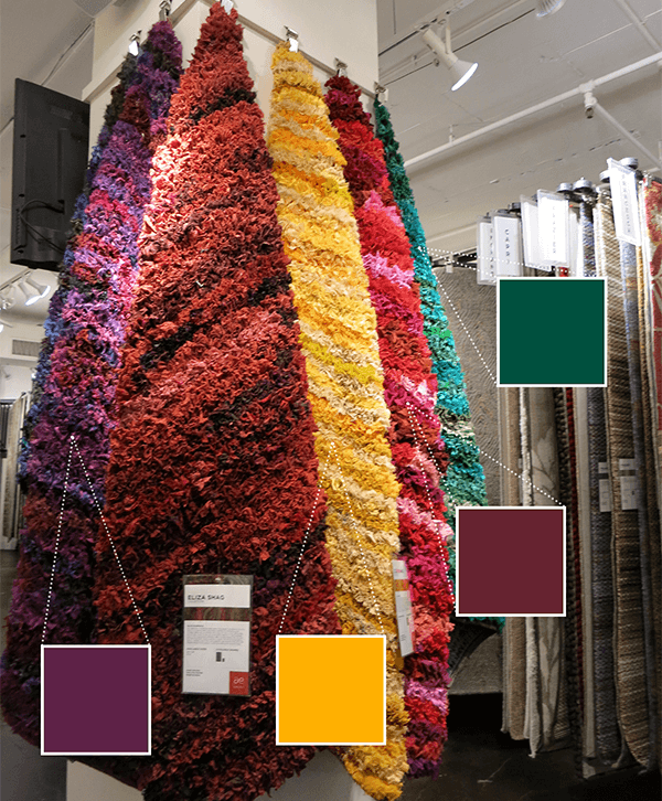 A display of Loloi's brightly colored shag rugs