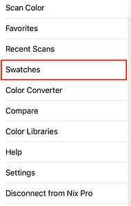 The app menu highlights the "Swatches" tab