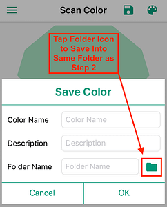 The "Save Color" window is open, with a highlight on the folder. To save additional colours into the same folder as a previous one, hit the folder icon.