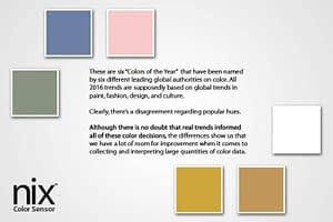 Six swatches depict the "Colour of the Year as told by six different companies. None of the swatches match.