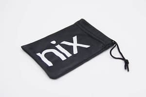 A black pouch with the Nix logo in white sits on a white surface