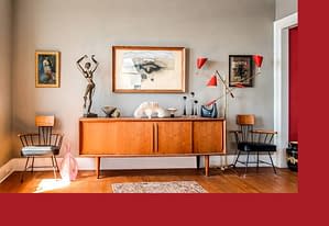 eclectic living room with half red border